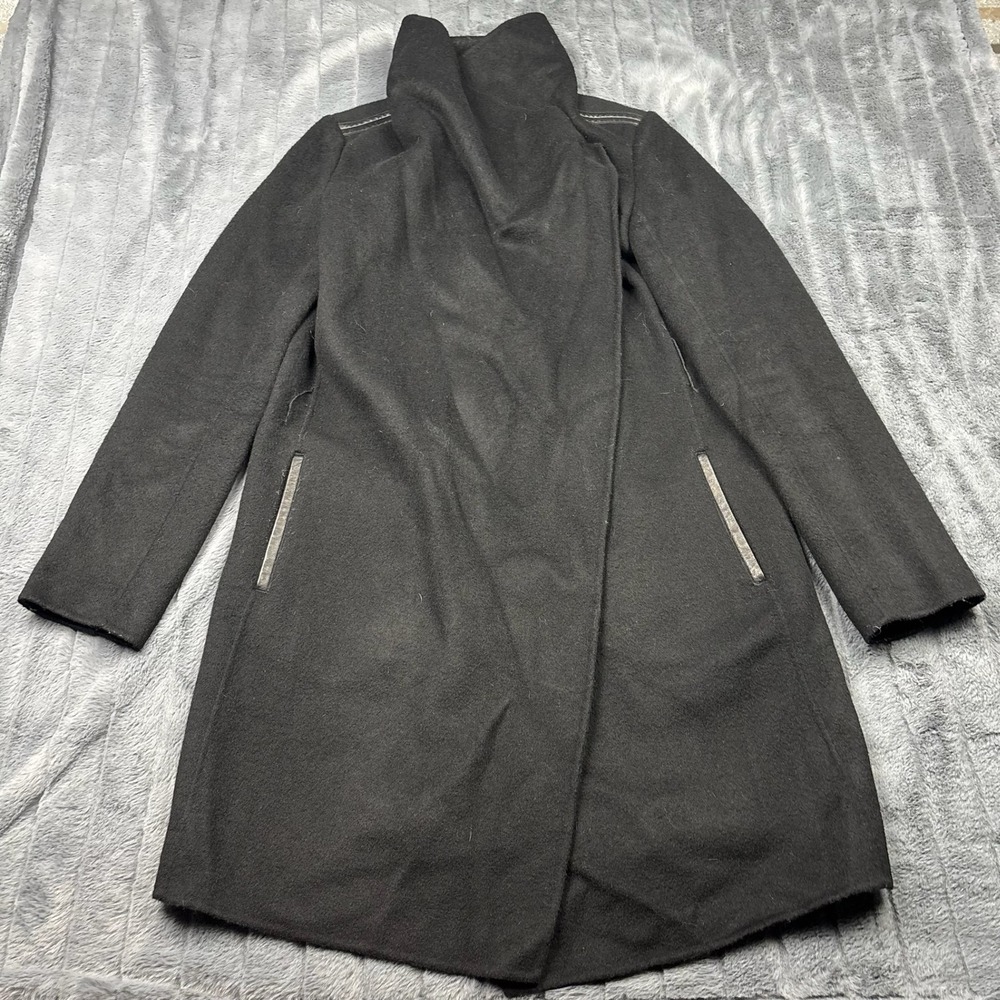 Vince Black Wool Leather Trim Draped Funnel Neck Coat Small 14037